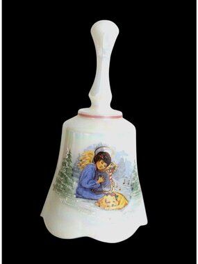 Fenton Iridescent Glass Bell With Angel & Dog Winter Scene Artist Signed